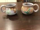 Earthworks Barbados Pottery 2 Small Mugs with Sunny Yellow Flowers  & Blue Glaze