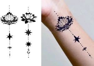 2 Lotus Line Art Temporary Tattoo Semi Permanent Tattoos Hindi Henna Style Stars - Picture 1 of 7