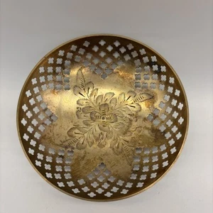Vintage Brass Cutout Footed 6” Basket Bowl Trinket Dish Floral India - Picture 1 of 7