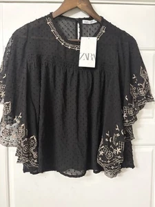 NWT Black Tan Embroidered Dainty Cute Sheer Blouse Shirt Top XS X Small 4 6 - Picture 1 of 4