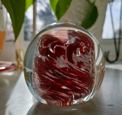 Blenko 2015 Glass Handcrafted Paperweight Red & White - Image 1 of 3