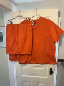 M&M Scrubs Set Mens Large Orange 2 Piece Top Pants Medical Uniform Costume - Picture 1 of 18