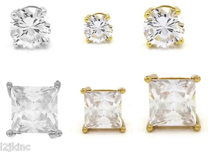 925. Sterling Silver Princess Cut Round Square Basket Cubic-Zirconia Earring - Picture 1 of 11