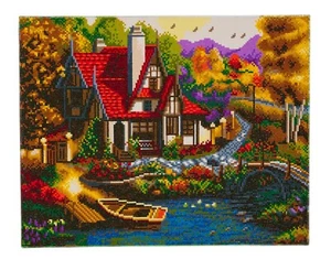 Framed Diamond Painting Kit Riverside Cottage Crystal Art 20 x 16 Ins - Picture 1 of 12