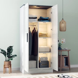 2 Doors LED Wardrobe Armoire Closet Cabinet Storage Organizer with Hanger Rail - Picture 1 of 13