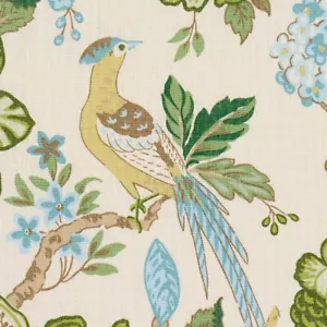 SCHUMACHER JACOBEAN TREE OF LIFE BIRDS CAMELLIAS LINEN FABRIC 10 YARDS PARADIS - Picture 1 of 4