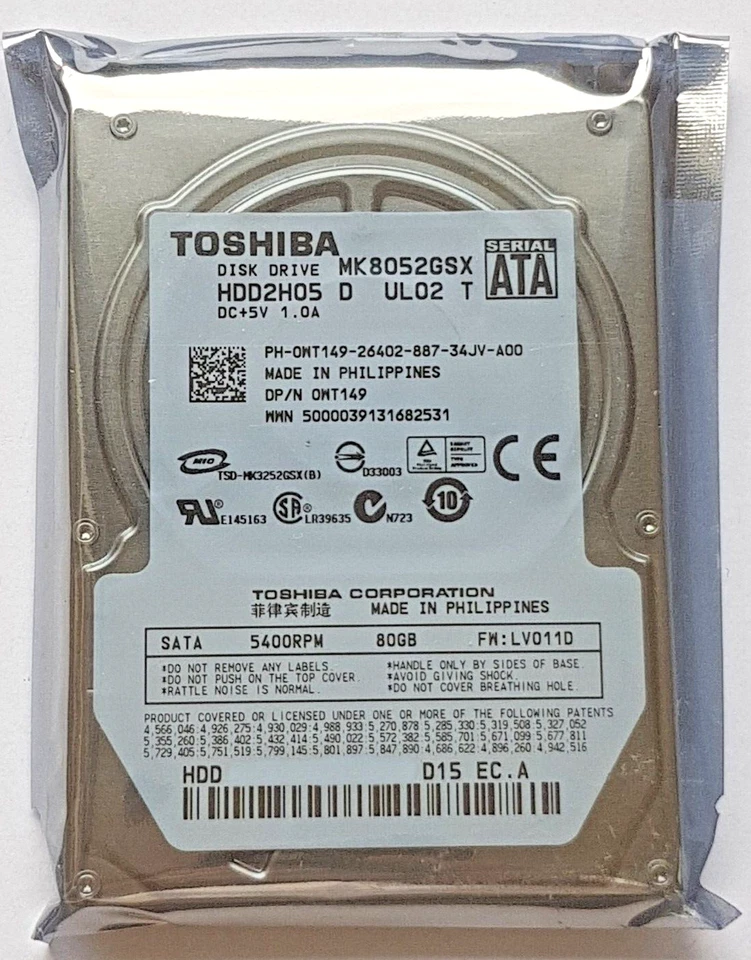 80 GB SATA Toshiba MK8052GSX 5400 RPM 8MB HDD 2.5 " Internal Festpatte New - Image 1 of 1