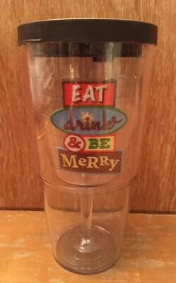 Inserto de copa de vino Tervis “Eat, Drink & Be Merry” aislado usado en excelente estado con tapa marrón Foto 1 de 2