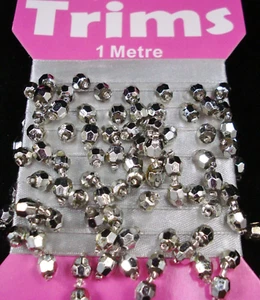 Beaded Trim 1m Silver Round/Faceted Beads Sewing Ribbon Lampshades - Picture 1 of 2