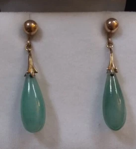 Peking Green Colored Glass Gold Filled Dangle Drop Screw Back Earrings - Picture 1 of 12
