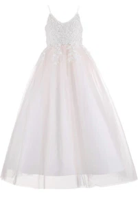 Bow Dream Ivory Lace Flower Long Blush Pink Tulle Girl Party Dress Sz 16 NWT - Picture 1 of 8