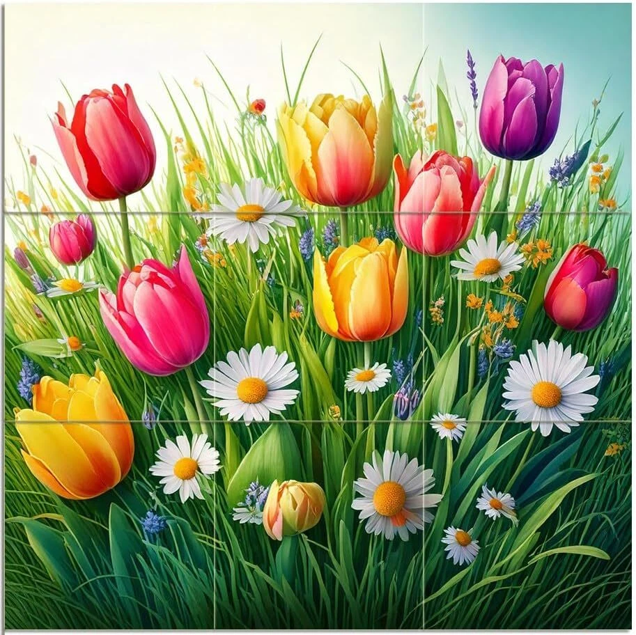 Azulejo Mural Decoración Floral Tulipanes Margaritas Cocina Baño Ducha Pared Salpicadero Foto 1 de 1