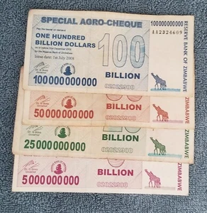 Zimbabwe 5 25 50 100 Billion Agro Cheque Check (4 Pcs Set), 2008 Used Circulated - Picture 1 of 2