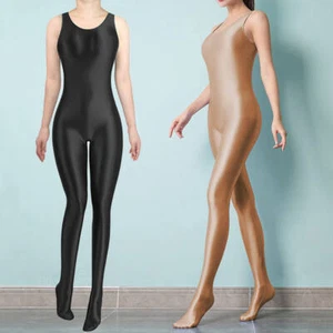 Mujeres Aceite de Satén Brillante Mono Medias Sin Mangas Body Lencería Traje de Gato - Imagen 1 de 16