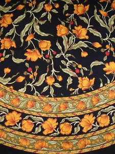 French Floral round Cotton Tablecloth 70" Amber on Black - Picture 1 of 12