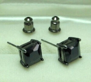 Unisex Adult Black Plated stud earrings wth 5mm Princess cut Onyx
