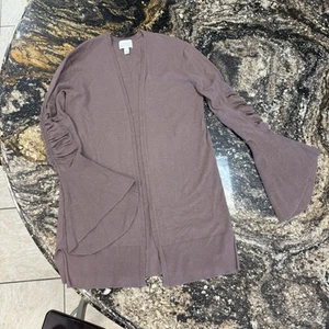 Hinge Cardigan Sweater Women’s Large Bell Sleeve Ruching Whimsical Brown Taupe - Picture 1 of 16