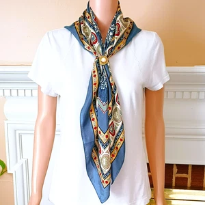 New York Studio Silk Scarf Square Blue Floral & Hearts Pattern - Picture 1 of 8