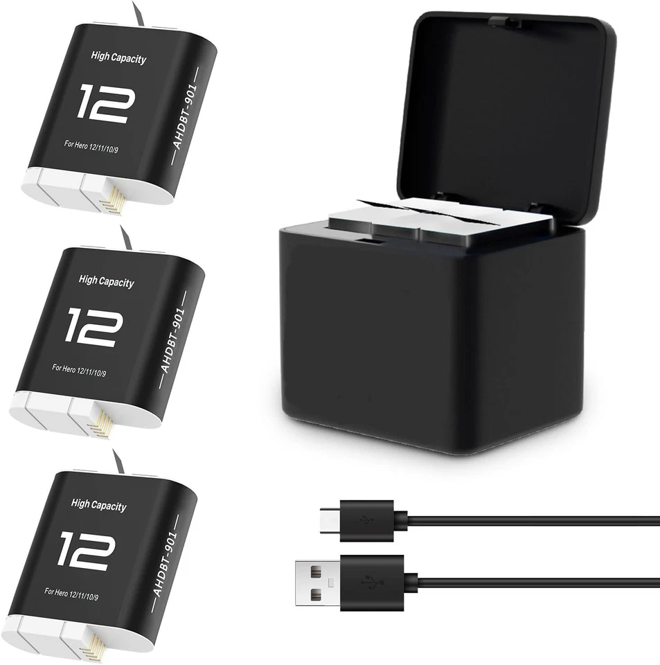 Paquete de 3 baterías y cargadores Hero 12 para cámara Gopro Hero 12 11 10 9 negra Foto 1 de 4