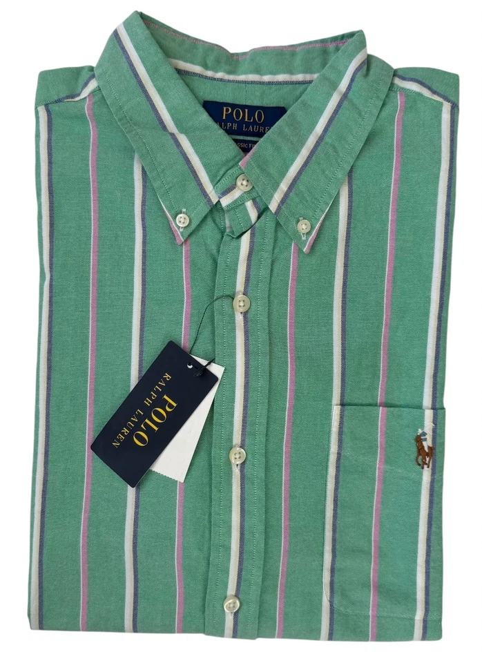 Nuevo Para hombres Ralph Lauren Polo Verde Rosa Rayas Bolsillo Pony Camisa Oxford XL Foto 1 de 4