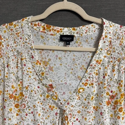 Jones Co Top 2X Yellow Green Floral Popover Boho Fall Casual Smocked Career - Image 1 of 4