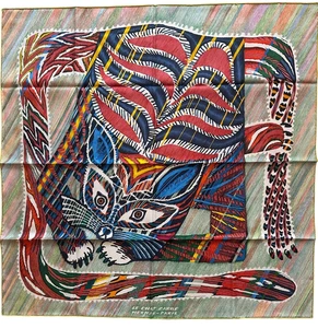 Hermes Neu mit Etikett Corail/Vert/Mehrfarbig Le Chat Carre 90 cm Seidentuch - Bild 1 von 8