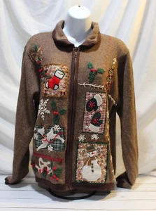 B.P.Design Vtg Wool Blend Women's M Brown Full-Zip Christmas Sweater Embroidered - Picture 1 of 13
