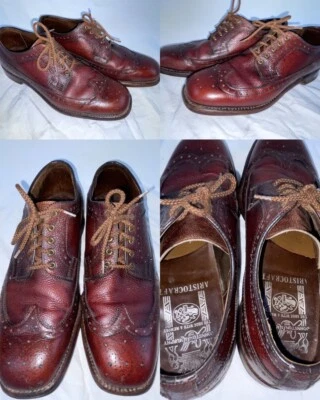VTG 60S MENS 9.5 BROWN LEATHER WINGTIP DRESS ARISTOCRAT JOHNSTON & MURPHY SHOES - Image 1 of 4