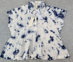Rachel Zoe Blouse 100% Linen Tie Dye Button Ruffle Hem Blue/White Womens M NWT - Picture 1 of 10