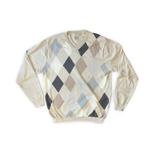 PRONTO UOMO Men's Sweater Beige Argyle Cotton Cashmere V-neck Sweater Size XL T - Picture 1 of 5
