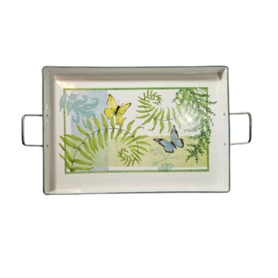 Susan Winget White Metal Tray with Butterflies CR Gibson 16" x 11" with Handles - Image 1 of 4