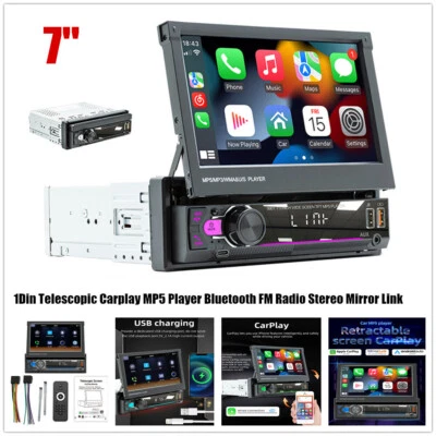 Carplay 7" 1Din Car Bluetooth MP5 Player Flip Out Screen FM Radio Stereo AUX USB - Image 1 of 4