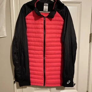 Men’s Xl ASICS Goose Down Prime Jacket Rare Thumb Holes Hand Warmers Hood - Picture 1 of 24