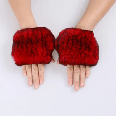 Guantes sin dedos tejidos de piel de conejo Rex guantes mitones calentador de muñeca de piel real Foto 1 de 4