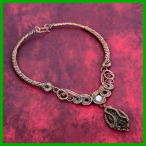 Copper Natural Ammonite Fossil Rainbow Moonstone New Wire Wrapped Chain Necklace - Picture 1 of 6