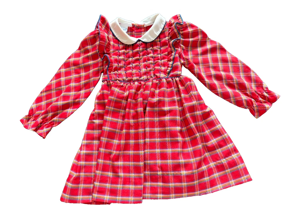 Vintage 1980's Polly Flinders Hand-Smocked White Collar Red Plaid Dress Size 4-T - Image 1 of 4