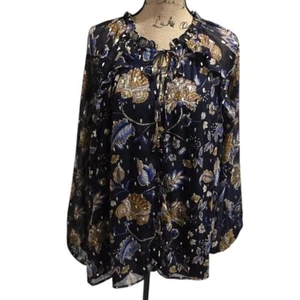 Tamara H. BLUE AND GOLD Floral Print Sheer sleeve Peasant Blouse Plus Size 3X - Picture 1 of 10