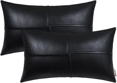 Faux Leather Throw Pillow Covers 12 X 20 Inches, Black Leather Lumbar Pillow Cov - Image 1 of 4
