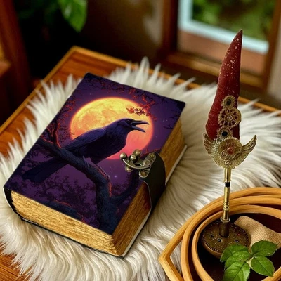 Handmade Leather Journal Raven, Full Moon Grimoire Book of Shadows Vintage Diary - Image 1 of 4