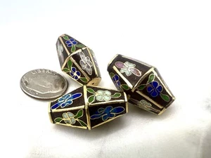 3 Pcs VTG Oval Cloisonné 6 Sided Faceted Tube Beads 14x24mm Black Jewelry Making - Picture 1 of 7