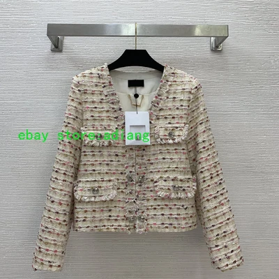 Colorido Tweed Tejido Corto Cuello en V Manga Larga Chaqueta Abrigo Corto Mujer 2025 Rosa Foto 1 de 4