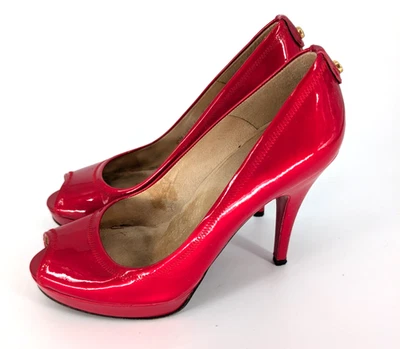 Stuart Weitzman Candy Apple Red Patent Leather Peep Toe Pumps 8M 4.5″ Heel Glam - Image 1 of 4