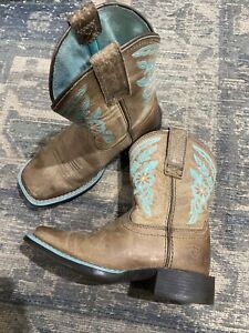 Ariat Brown Leather Turquoise Square Toe Western Cowboy Boots Youth Girls 10