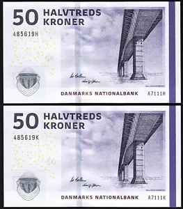 Danimarca 50 Kroner 2011, UNC, 2 PZ COPPIA SERIALE ABBINATA (stessa), P-65d - Foto 1 di 4