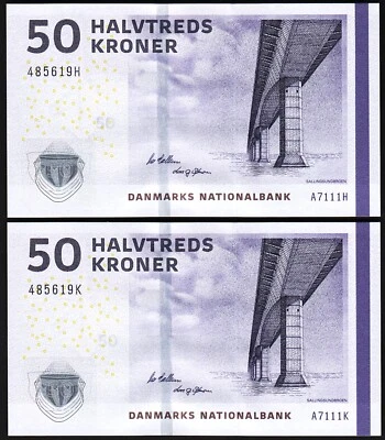 Denmark 50 Kroner 2011, UNC, 2 PCS MATCHING (Same) SERIAL PAIR, P-65d - Image 1 of 4