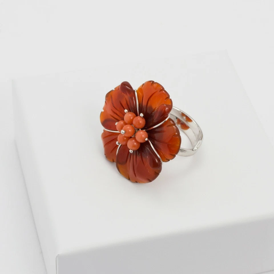 ANELLO IN ARGENTO 925 CON FIORE DI AGATA E CORALLO ROSA AGNK 064 B - Immagine 1 di 3