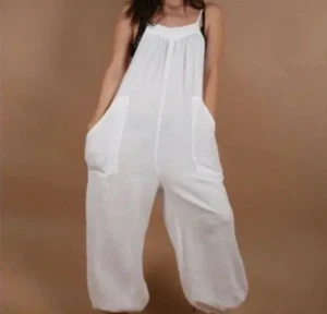 Anthropologie SATURDAY SUNDAY Women Gauze Jogger Jumpsuit Sz M White Ties 67-18 - Picture 1 of 17