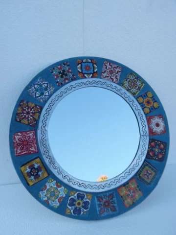 15" ROUND punched tin MIRROR, Mexican talavera tile, hacienda style, handmade Cover