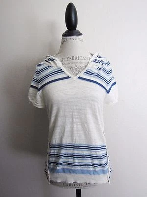 ANTHROPOLOGIE SPARROW~IVORY BLUE STRIPED SHORT SLEEVE HOODIE SWEATER~M~EUC - Image 1 of 4