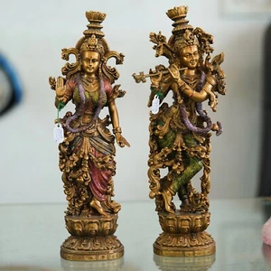 Bronze Resin Radha Krishna Statue - Divine Hindu Deity Sculpture for Home Decor - Picture 1 of 3